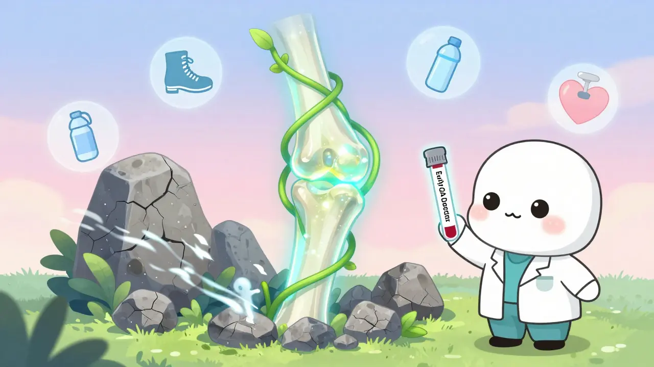 A magical knee joint with glowing green cartilage vines and tiny spirits removing bone spurs, held by a cute doctor with a blood test vial.