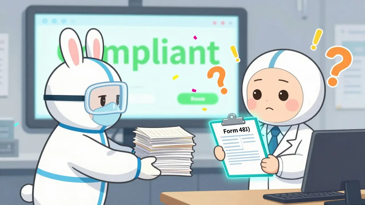 A nervous worker handing documents to a kind FDA inspector with a glowing Form 483 and animated status symbols.