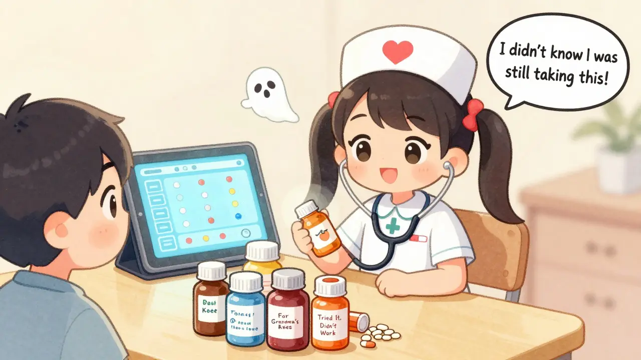 A nurse and patient review pill bottles together, with a digital chart in the background and a floating ghost pill in kawaii anime style.