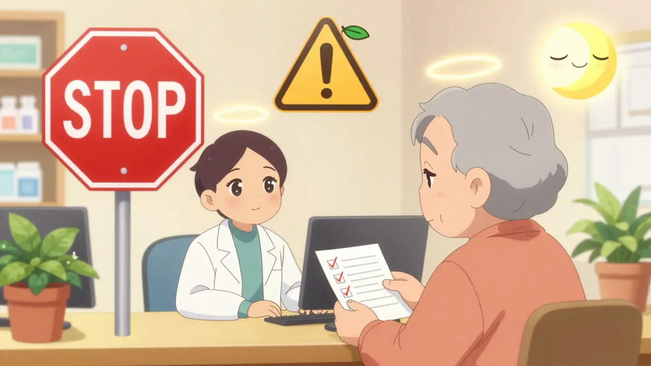 A pharmacist and elderly patient interact as floating warning symbols appear around them in a cozy pharmacy setting.