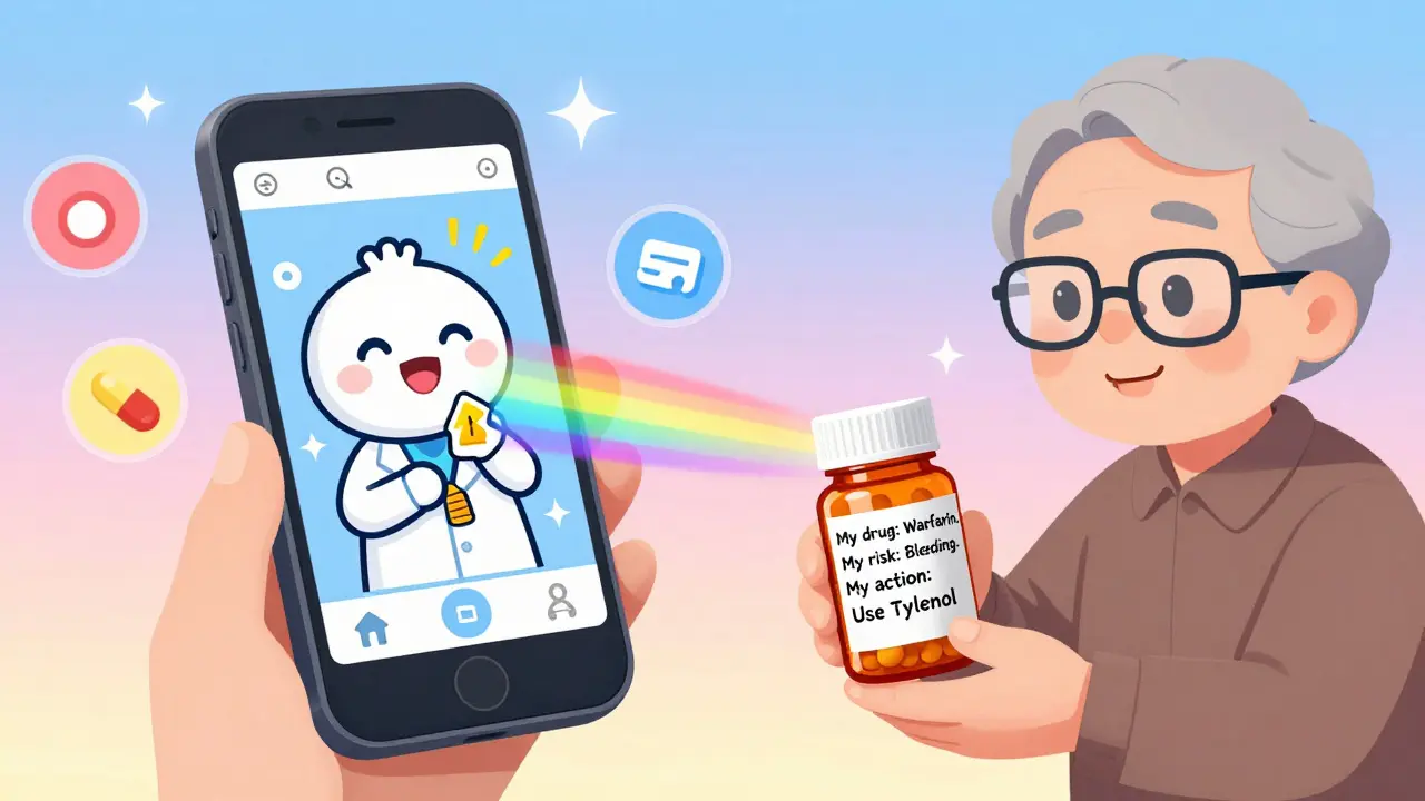 A smartphone scans a pill bottle, projecting a cartoon doctor explaining safety info, while a handwritten note is visible nearby.