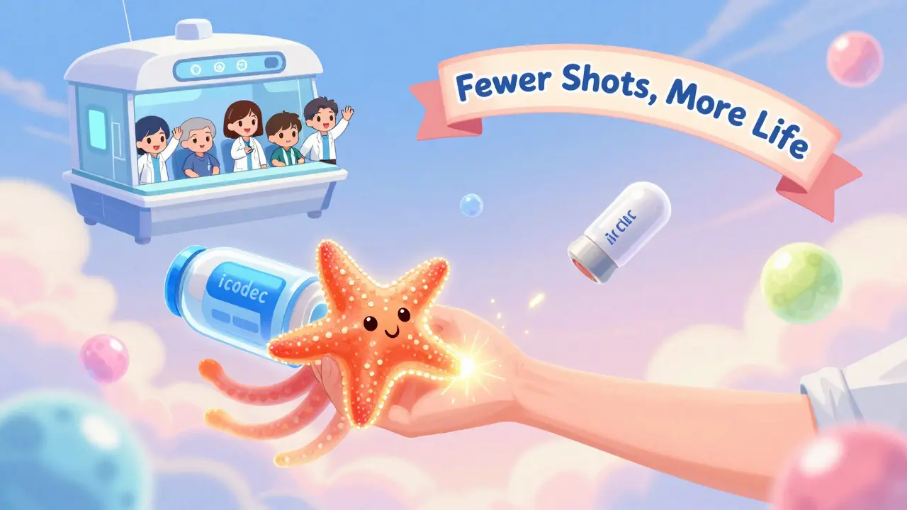 A starfish-shaped insulin vial with glowing tentacles reaching toward an arm, under a floating clinic with once-weekly insulin capsule, kawaii anime style.