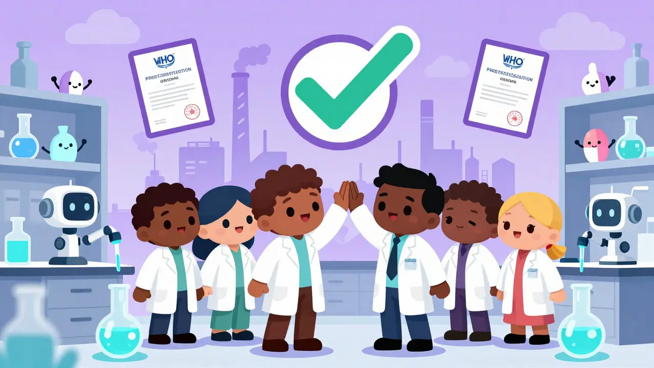 African scientists celebrate in a lab with WHO certification and animated factory murals in the background.