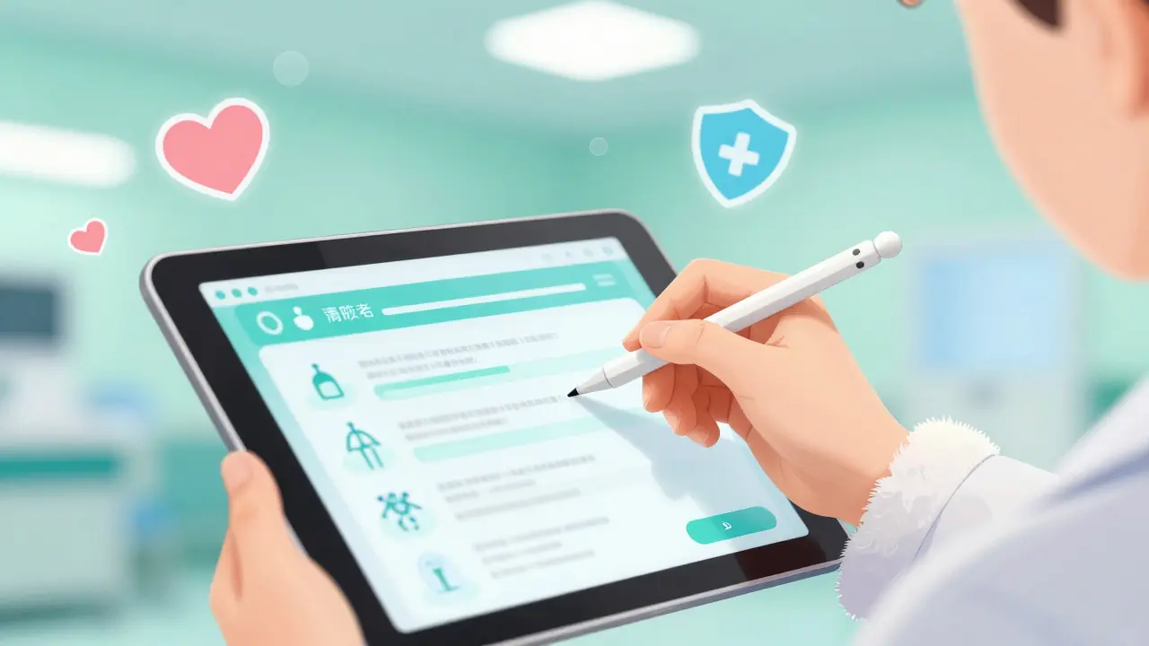 Anime character writing prescription notes focusing on patient safety.