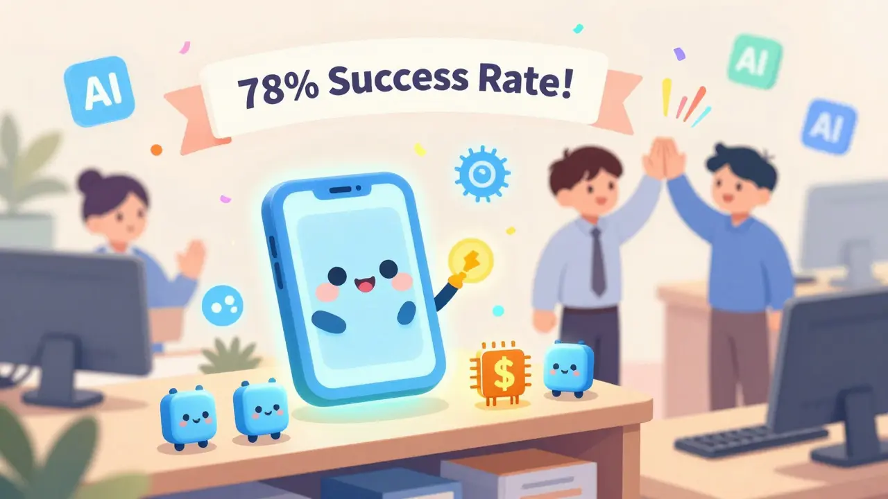 Blockchain smart contract paying royalties with smiling devices, engineers high-fiving as AI icons float around.