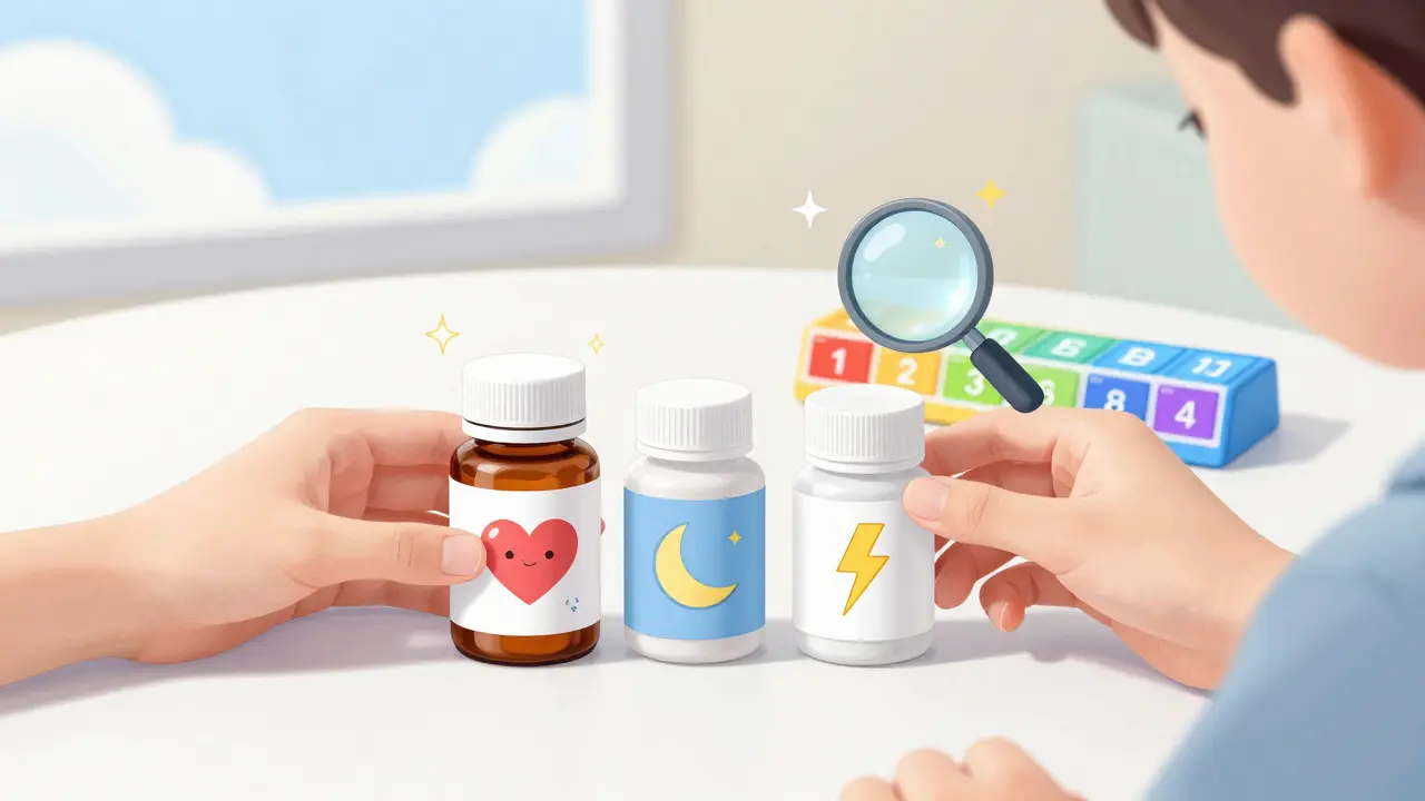Close-up of pill bottles and a pill organizer on a table, with detailed labels and sparkles highlighting each medication.