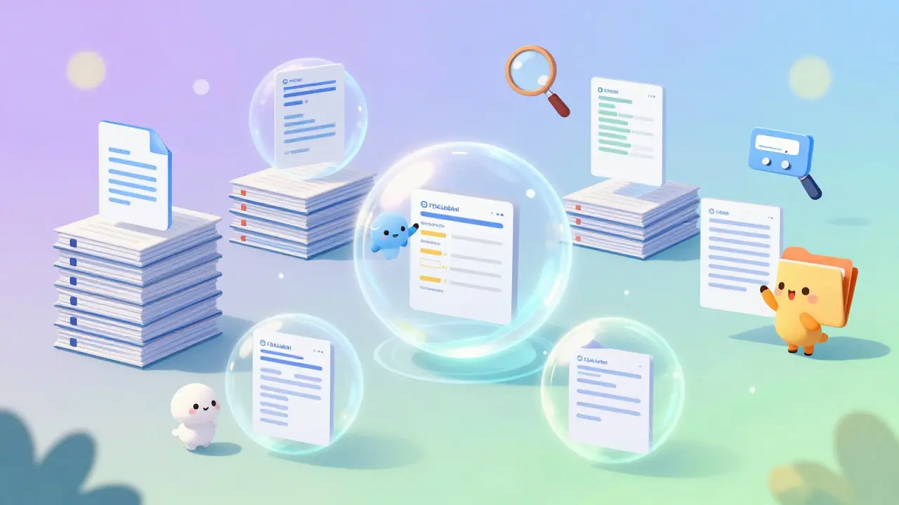 Cute data organization scene with glowing database orbs and helpers