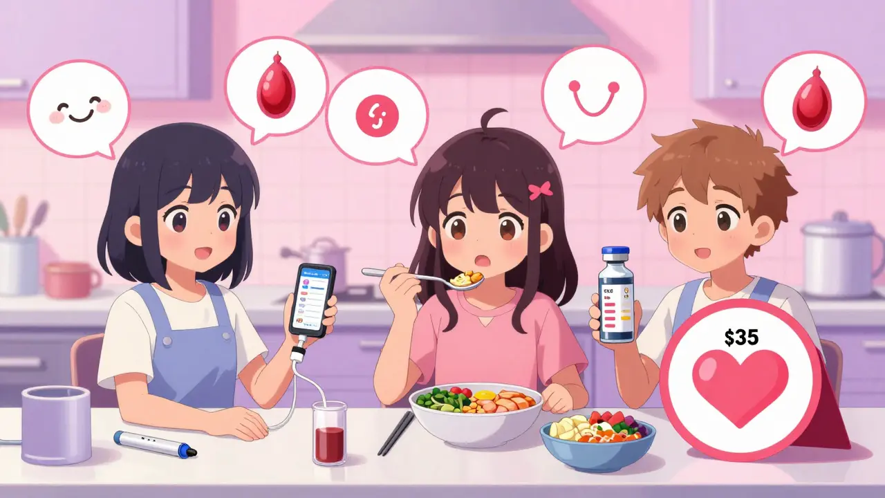 Diverse characters in a kitchen with insulin pump, food, and a  insulin vial turning into a heart, in cute pastel anime style.