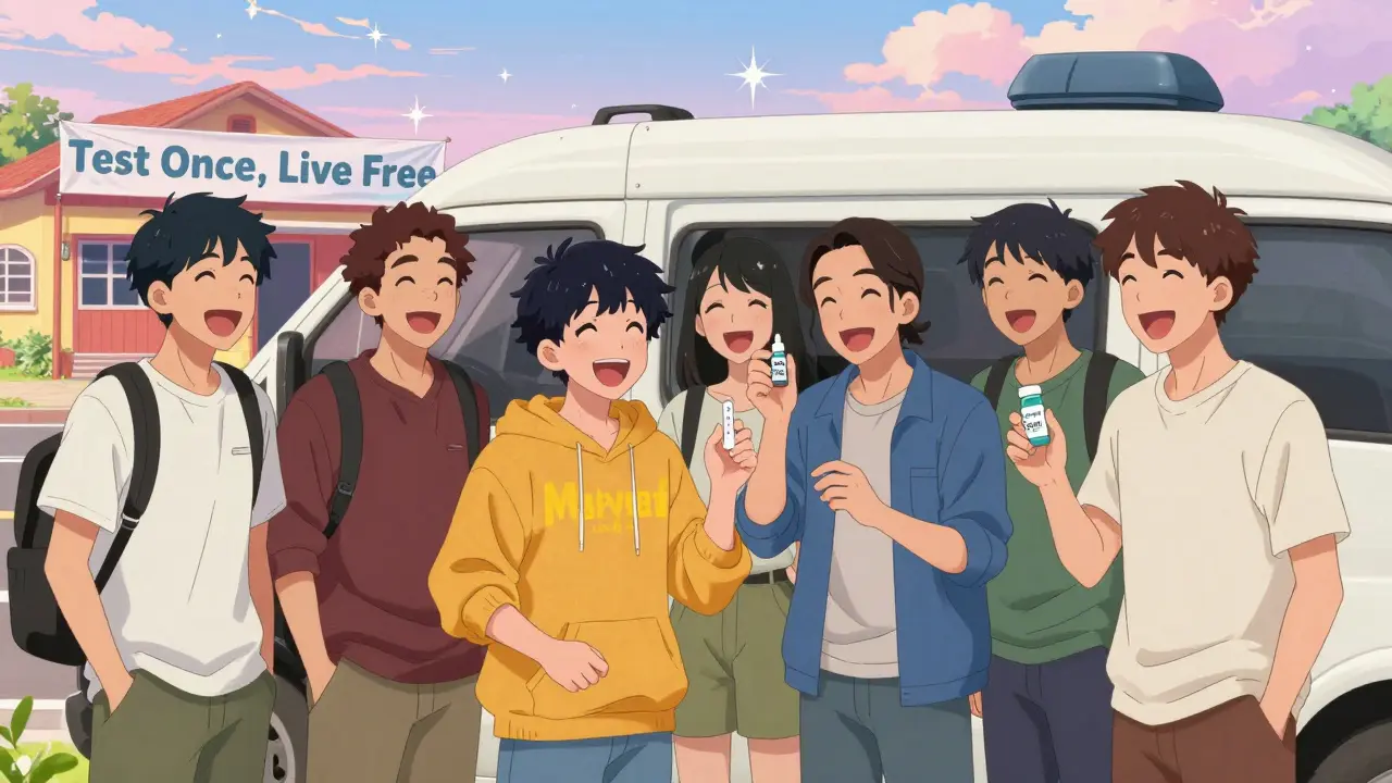 Diverse young adults getting tested for hepatitis C at a colorful mobile clinic van.