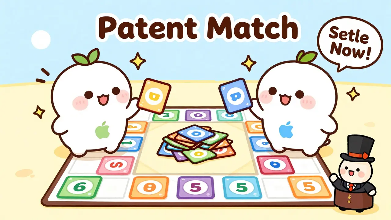Friendly robot versions of Apple and Samsung trading patent cards on a board game, reducing conflict with smiles.