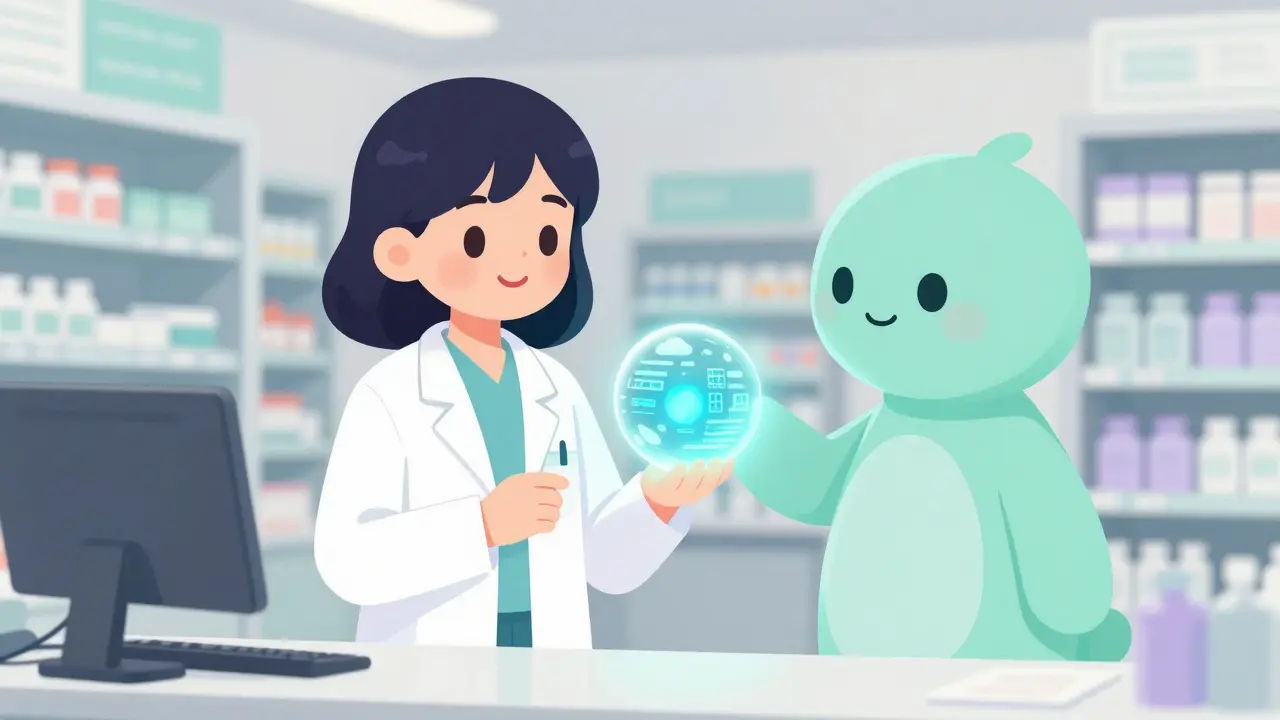Pharmacist reviewing data orb with AI companion for safety.