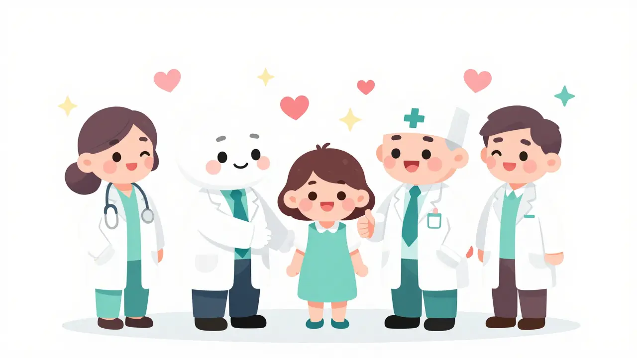 Adorable anime doctor and pharmacist collaborating to help a happy patient.
