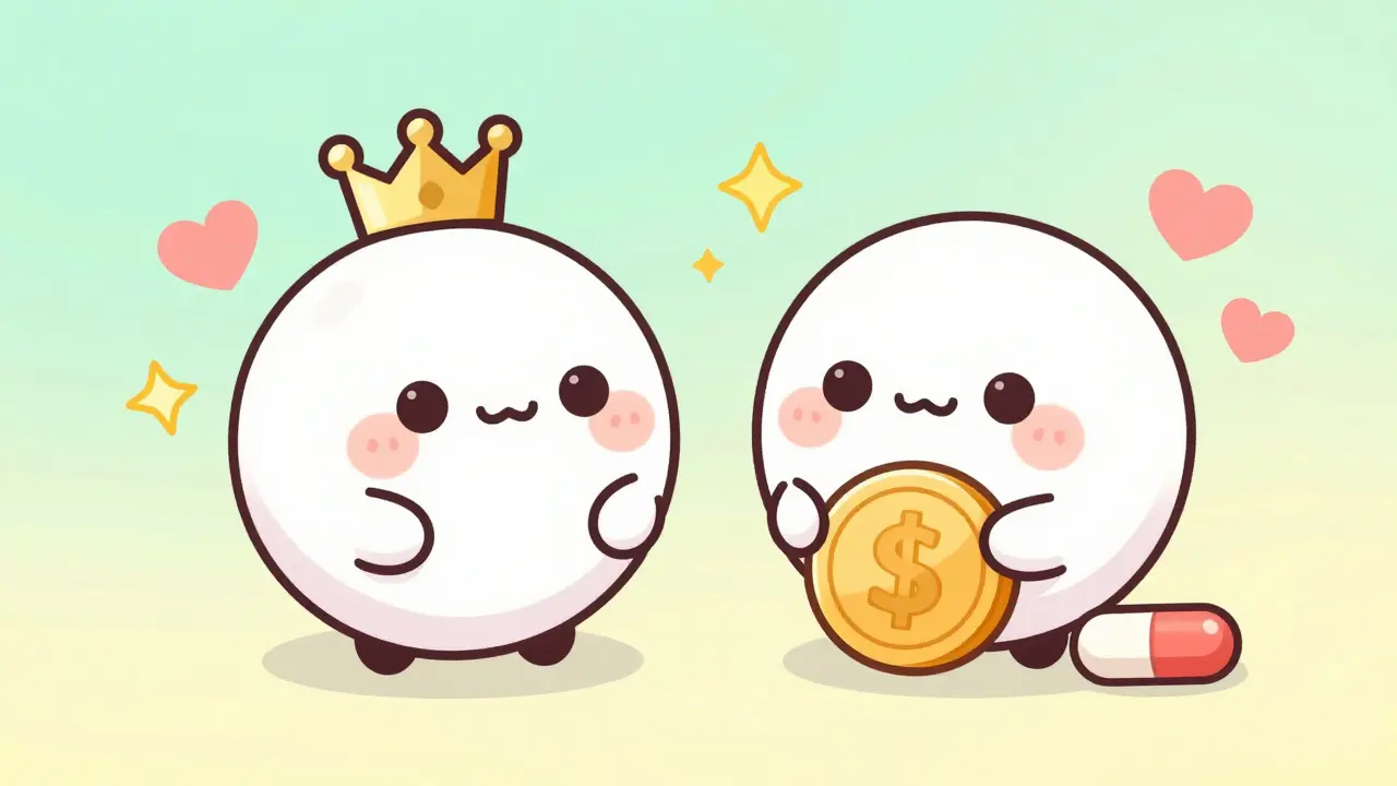 Adorable anthropomorphic pills comparing a single combination pill to two cheaper generics.