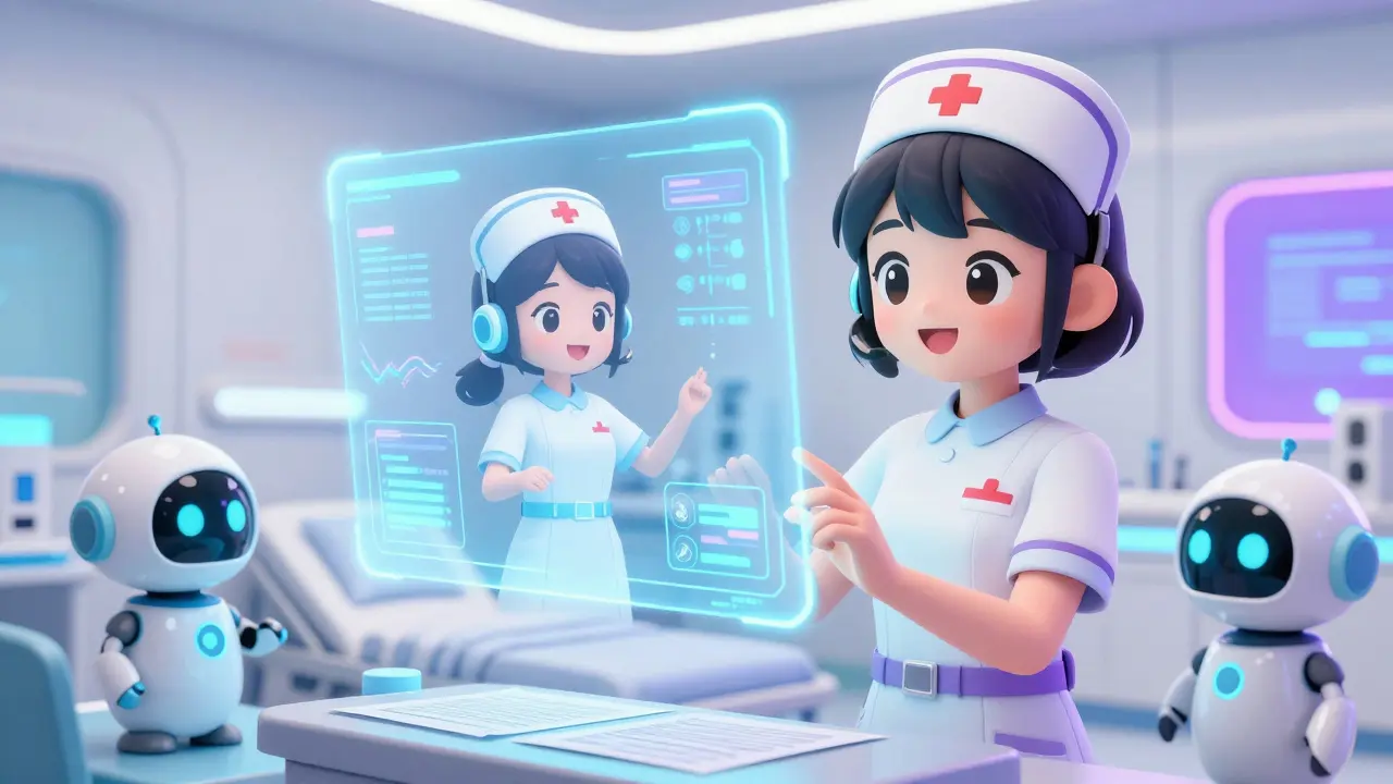 Anime nurse interacting with a holographic virtual nursing assistant and cute robots.