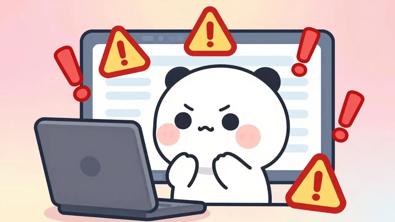 Chibi character reacting with caution to a suspicious website