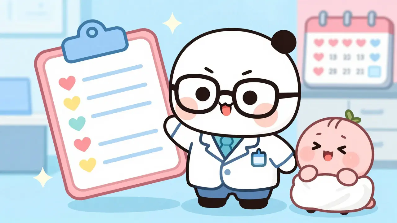 Chibi doctor and patient with a colorful monitoring calendar in a bright, pastel-colored clinic.