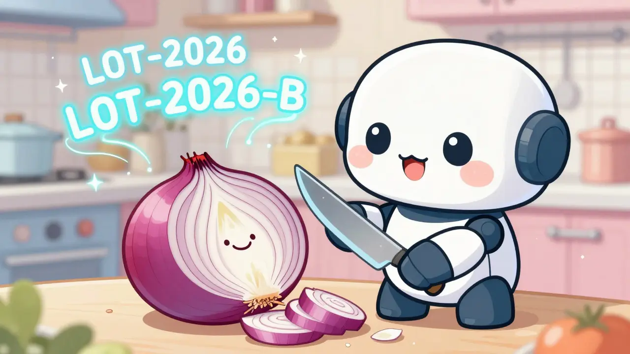 Chibi robot chopping an onion with holographic lot codes transforming above it.