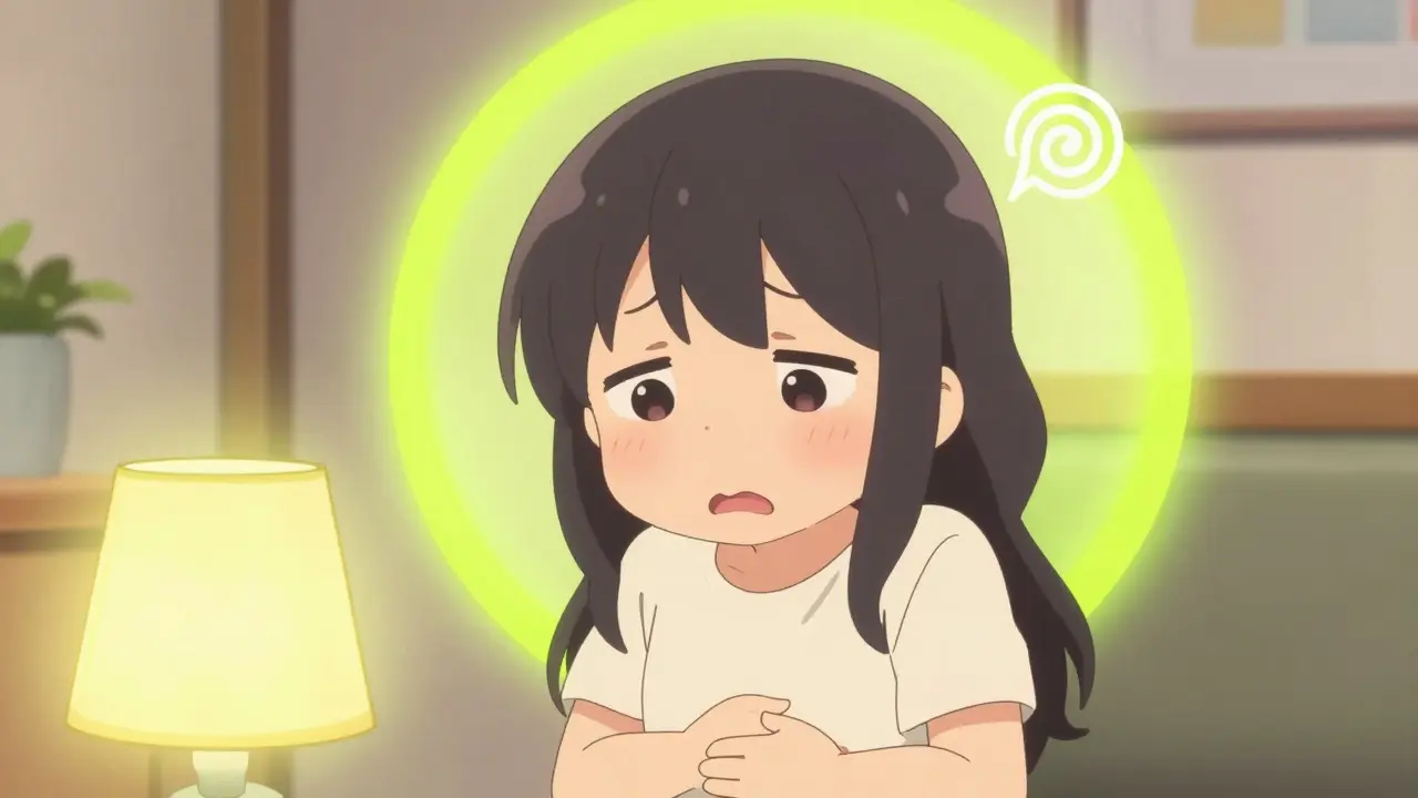 Cute anime character experiencing nausea and seeing yellow-green halos around a lamp in a cozy room.