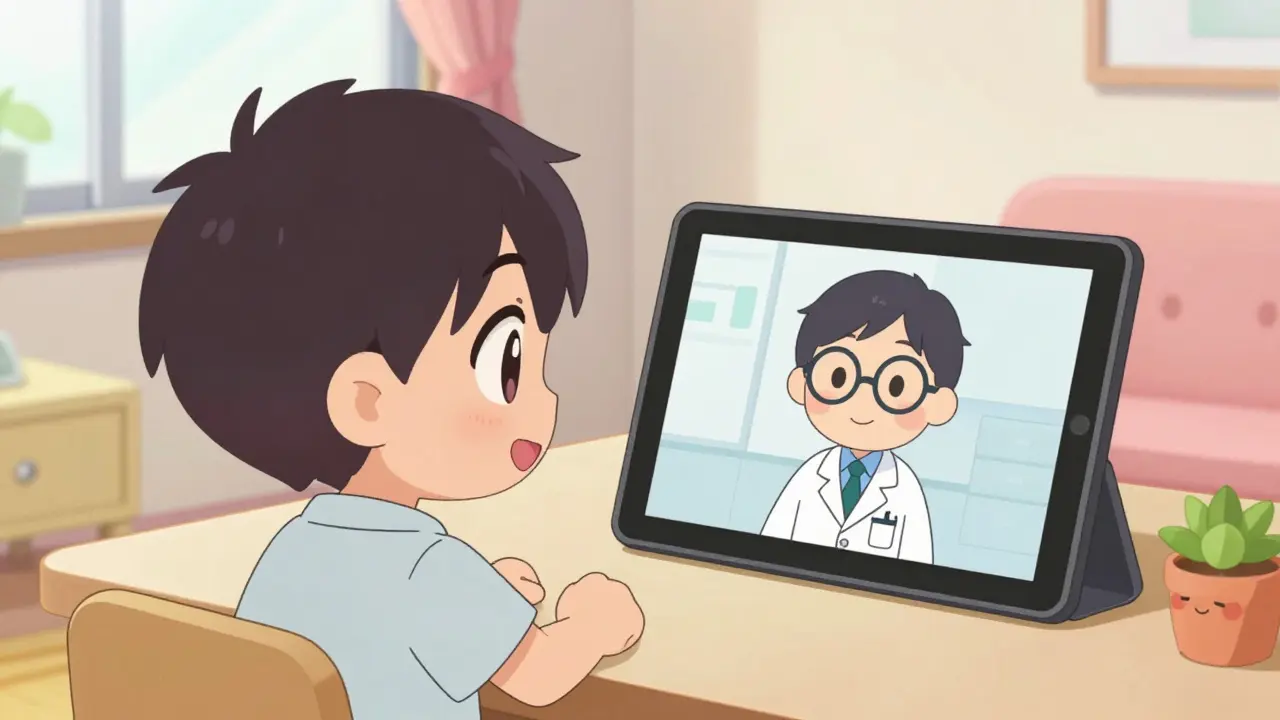 Cute anime character having a telehealth medical consultation on a tablet in a cozy room.