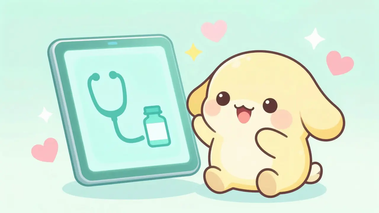 Cute anime character using a digital tablet for a telehealth medical consultation.