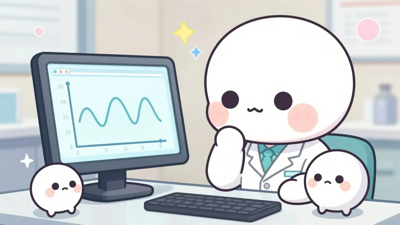 Cute anime pharmacist analyzing a colorful absorption graph with a whimsical medical character.