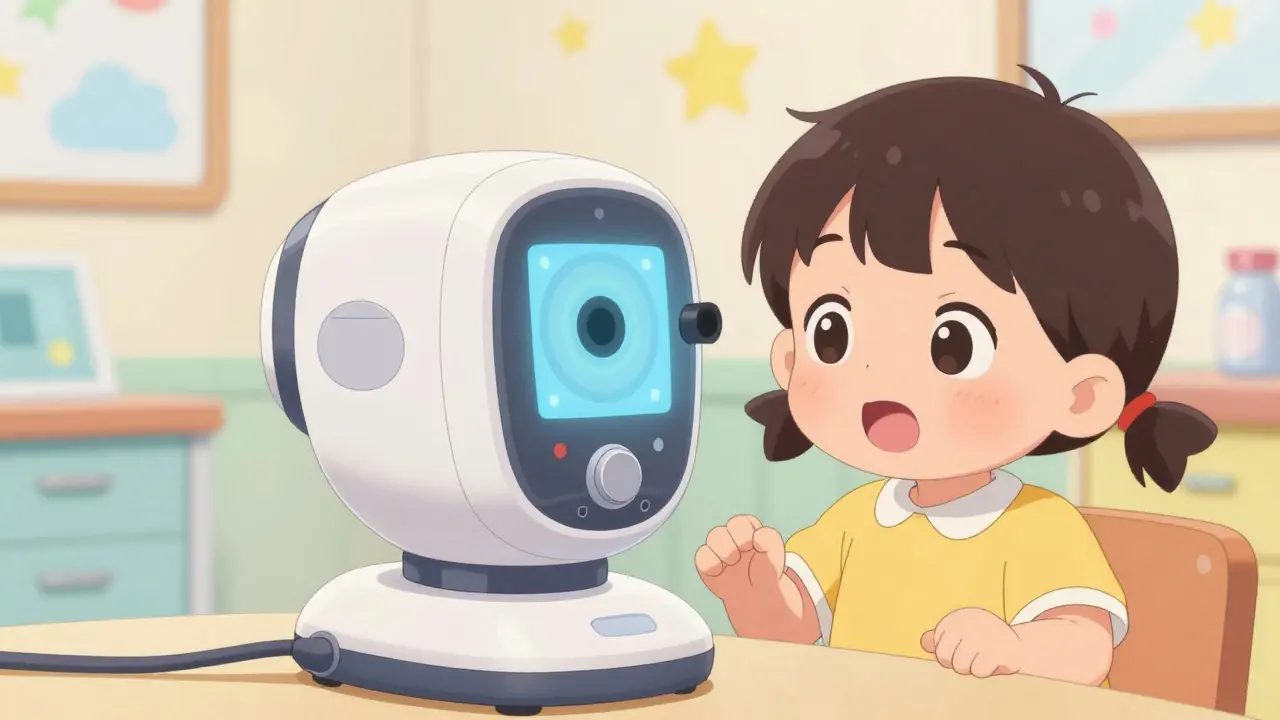 Cute pediatrician using a digital eye scanner on a young child