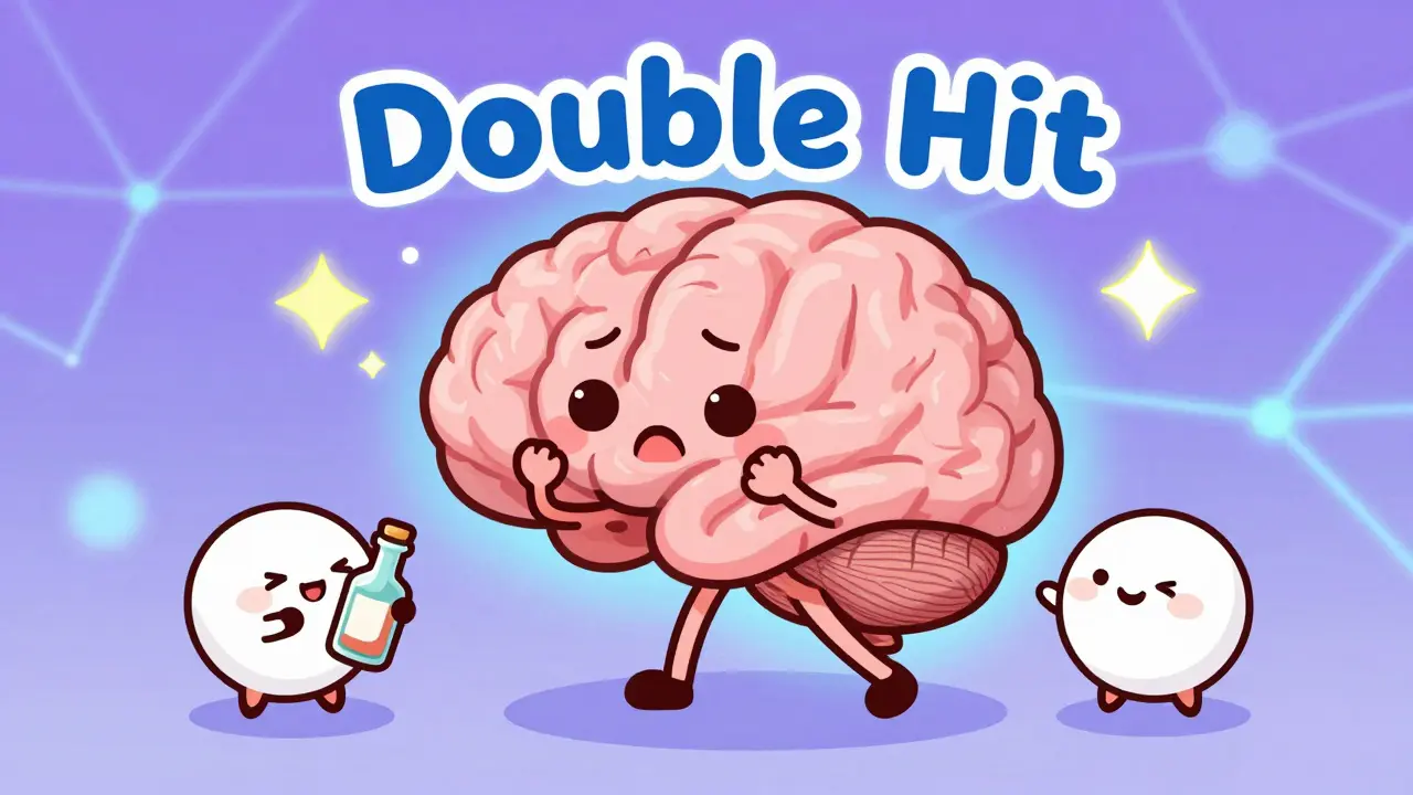 Cute personified characters representing alcohol and sleep medication overwhelming a GABA receptor in the brain.