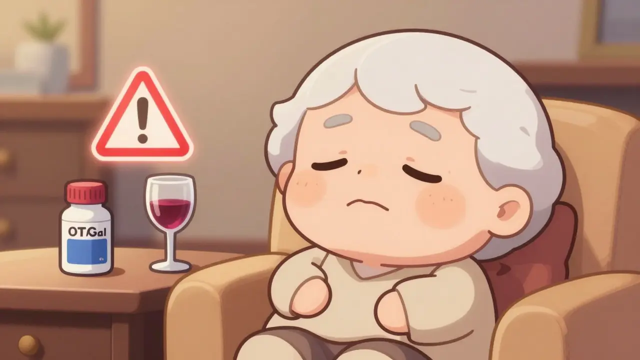 Elderly anime character in a cozy room with alcohol and sleep aids on a table, illustrating high-risk interaction.