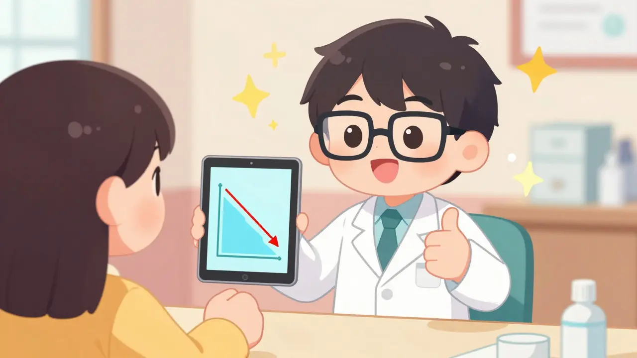 Happy anime pharmacist and patient celebrating medication cost savings with a downward price graph.