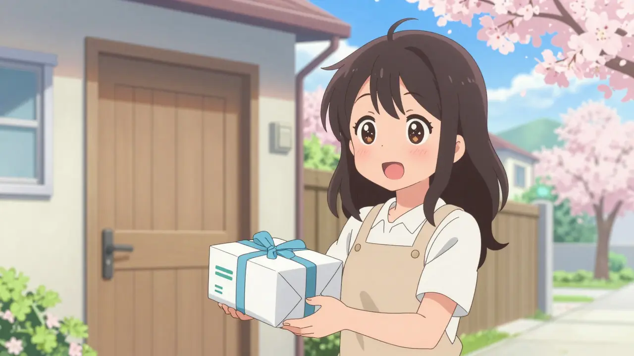 Happy woman receiving a delivered package in a sunny neighborhood