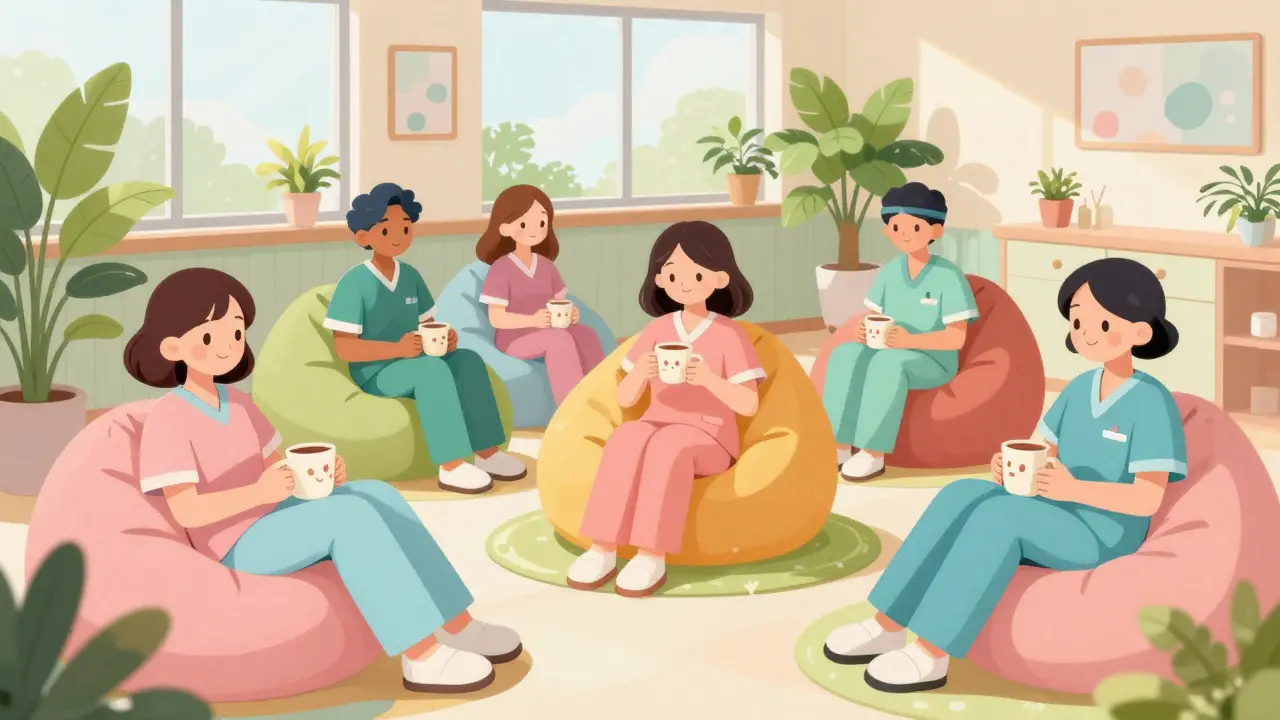 Healthcare workers relaxing in a cozy, kawaii-style wellness lounge with plants.