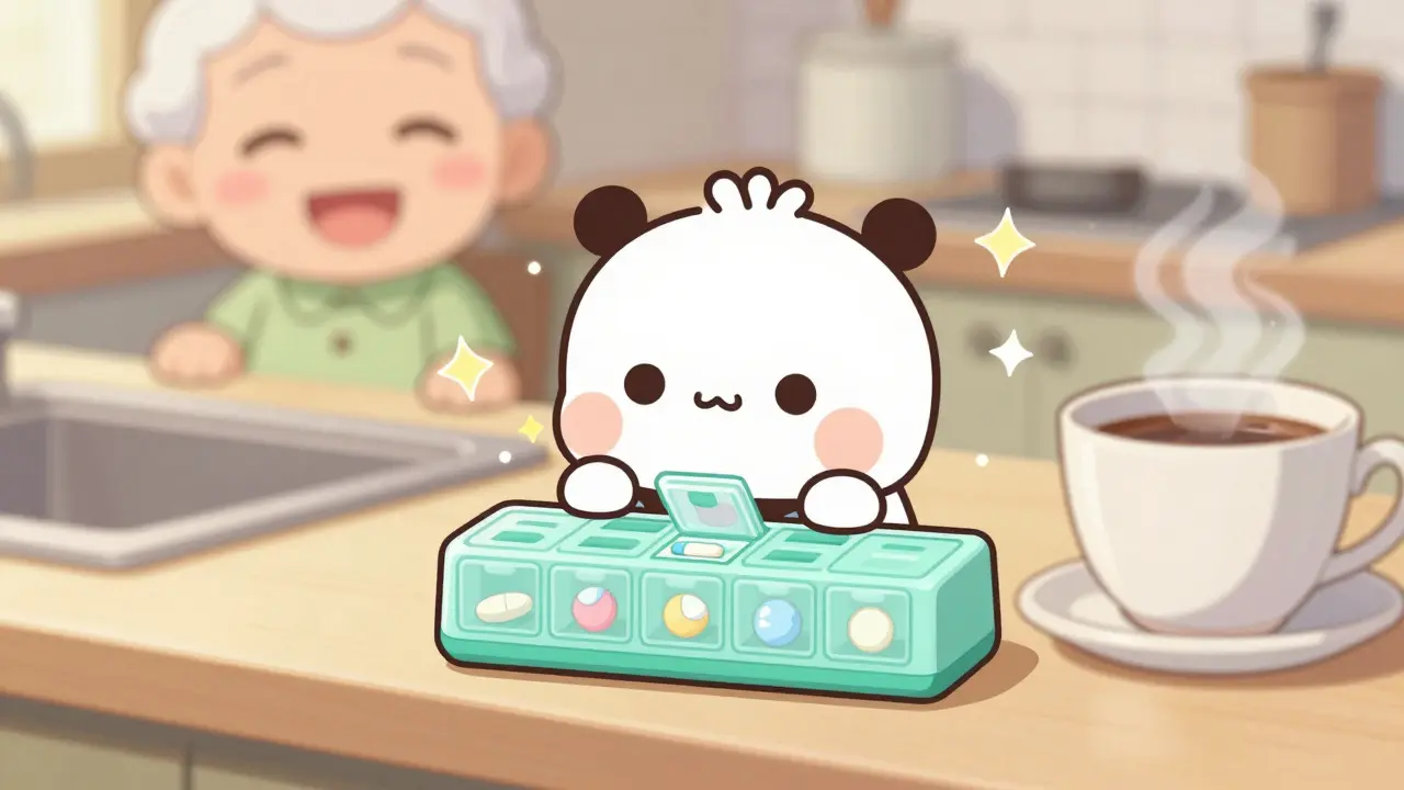 Kawaii anime style of a colorful pill organizer and coffee on a sunny kitchen counter.