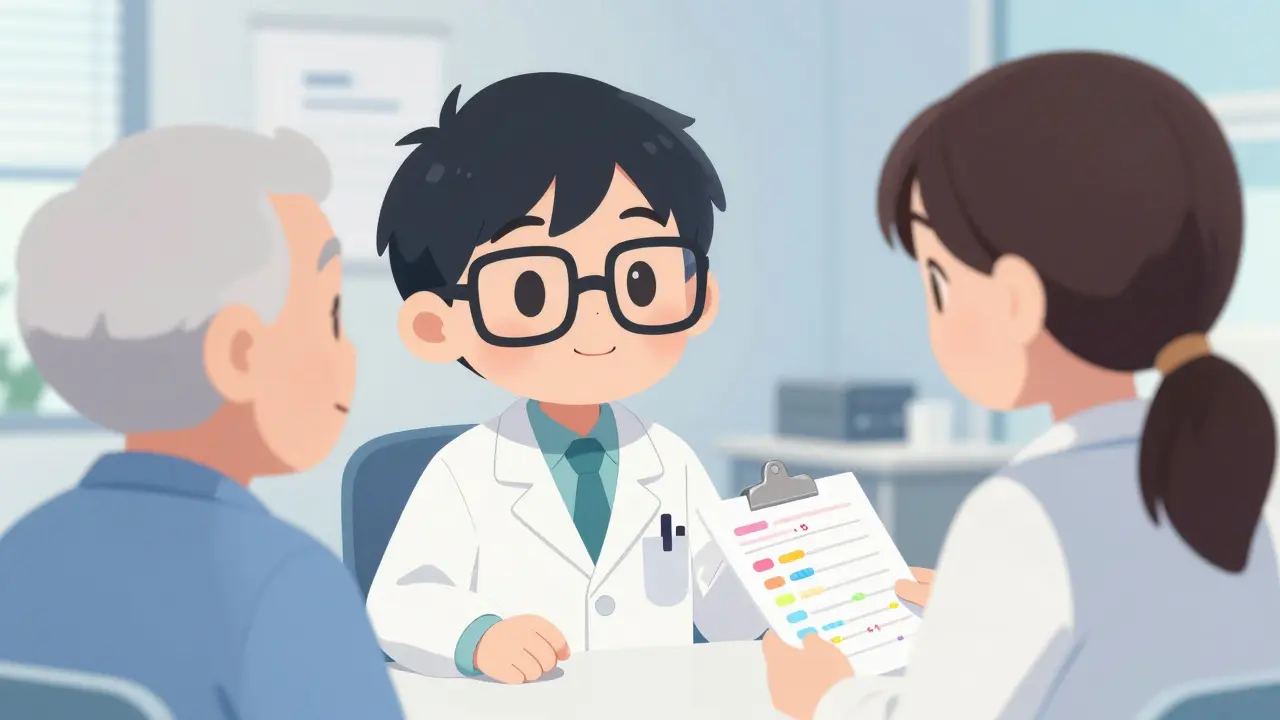 Kawaii anime style of a doctor and caregiver discussing a medication list in a clinic.