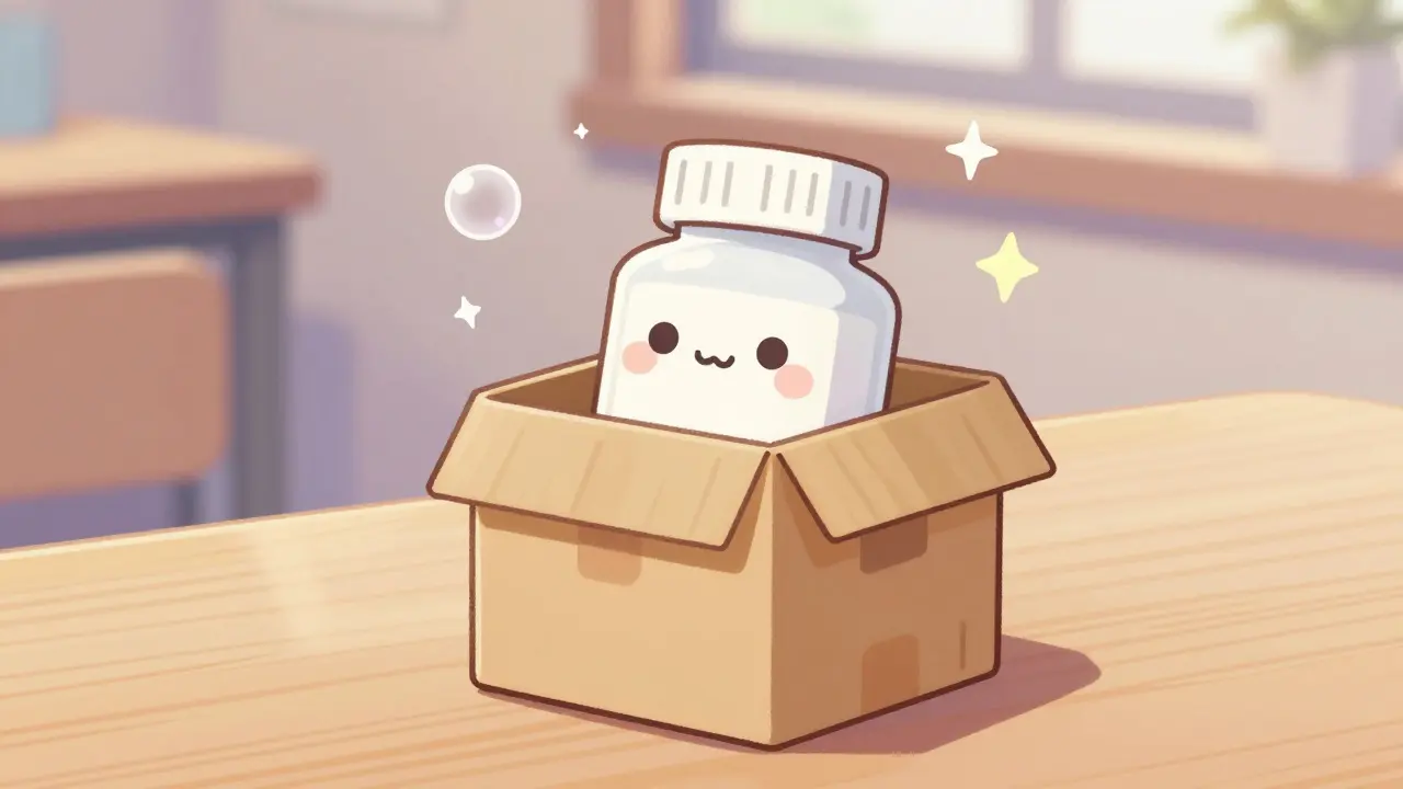 Kawaii style delivery package with a smiling pill bottle character inside.