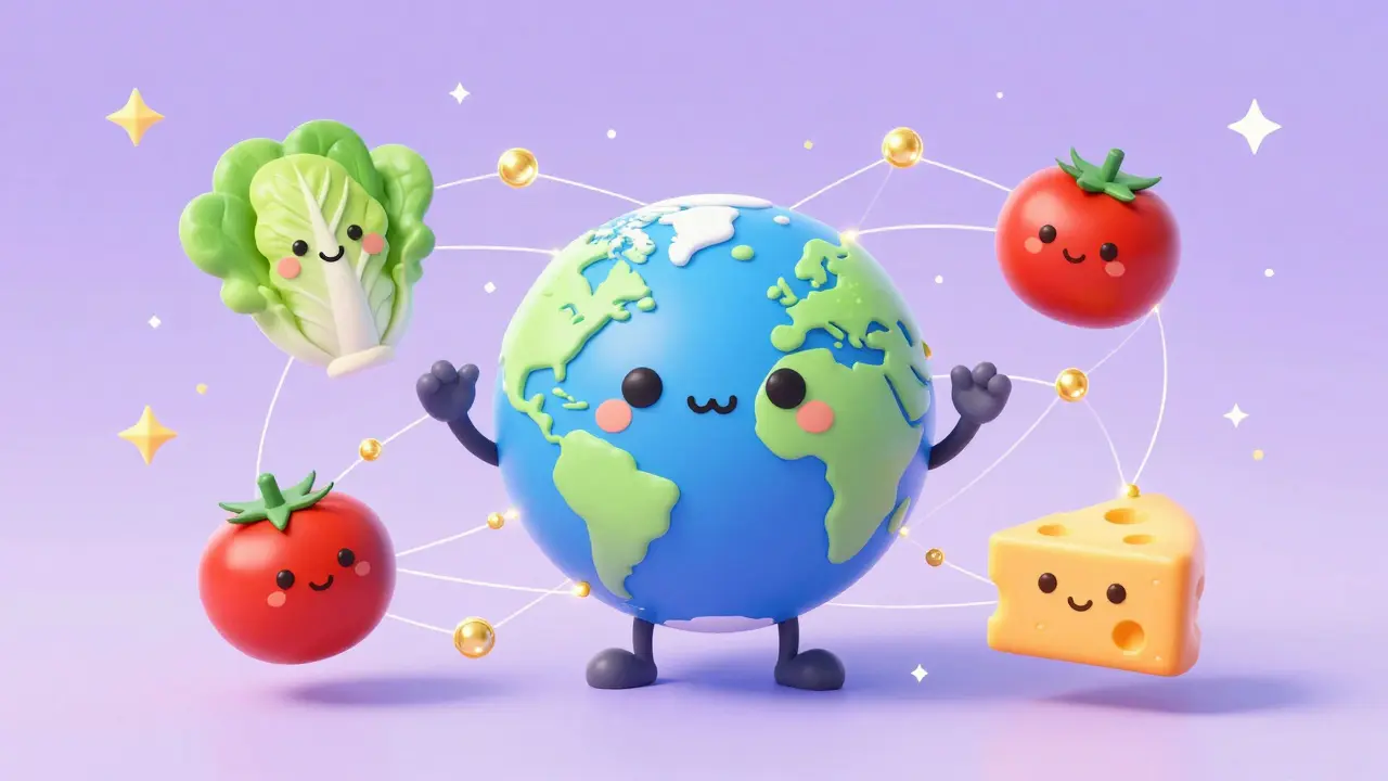 Kawaii style globe surrounded by smiling food icons and connecting digital data lines.