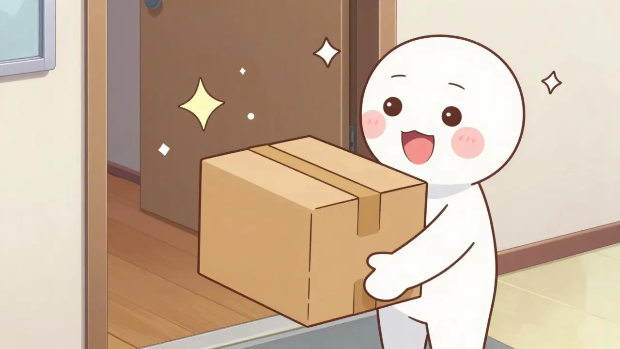 Kawaii style illustration of a person happily receiving a discreet medical package at their door.