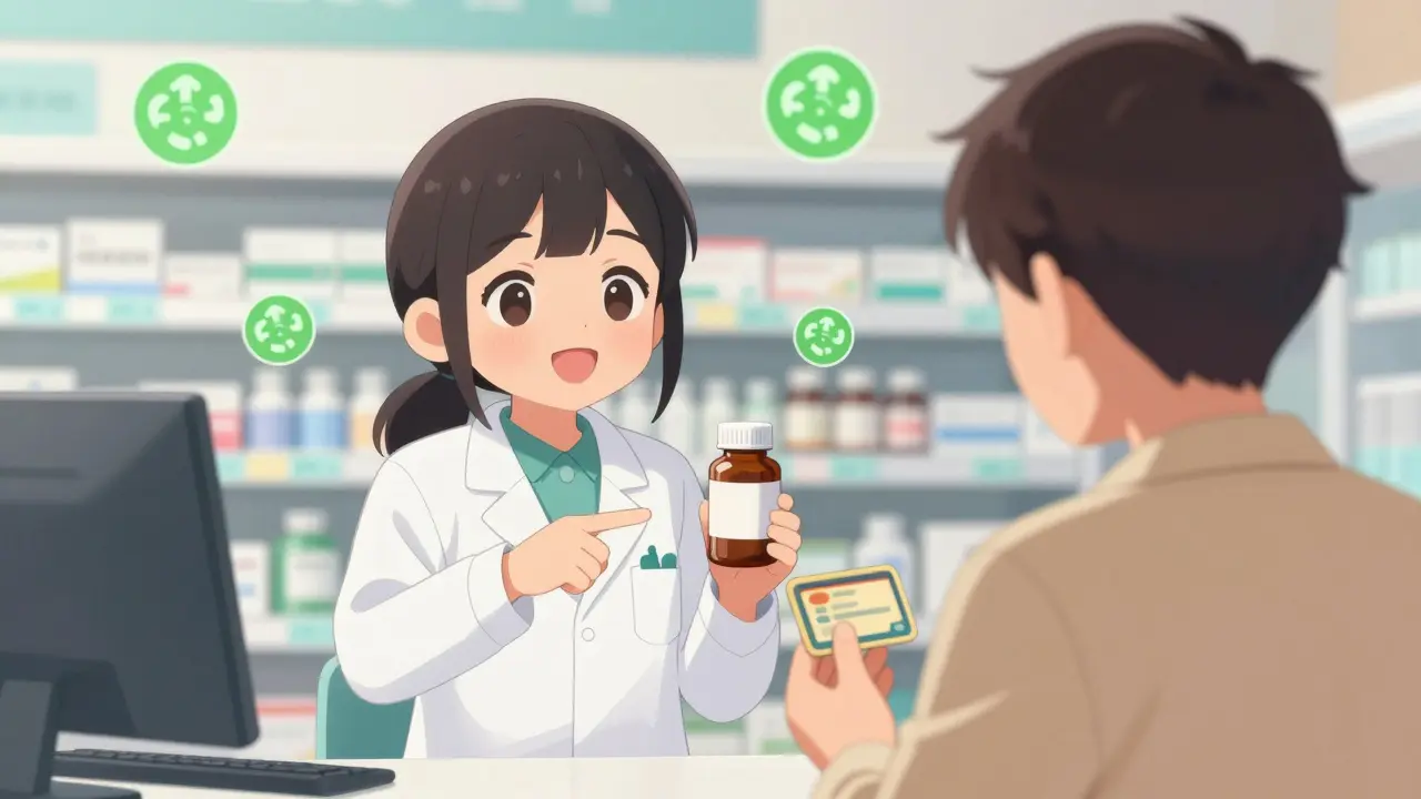 Pharmacist suggesting safe medication to a patient.