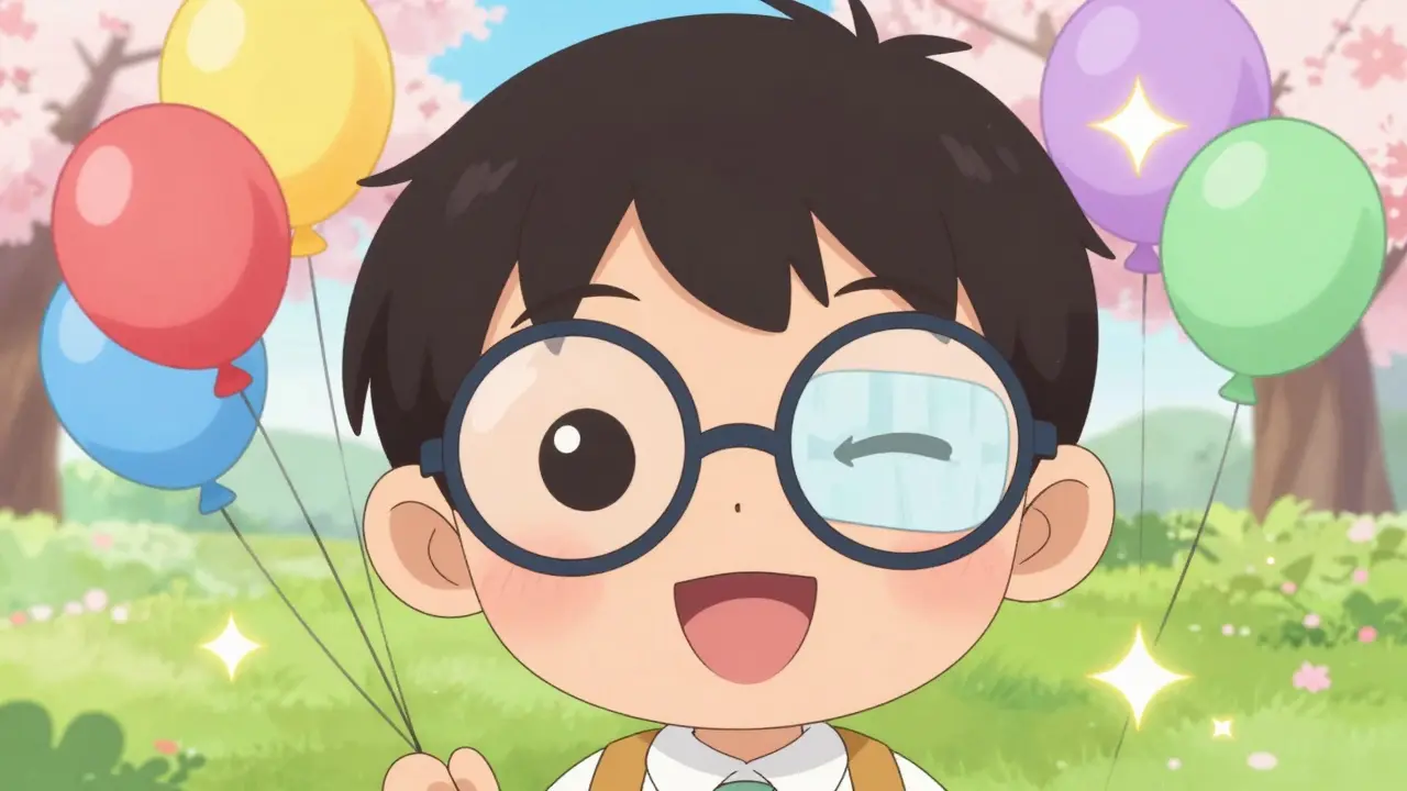 Smiling anime child wearing a corrective eye patch and glasses