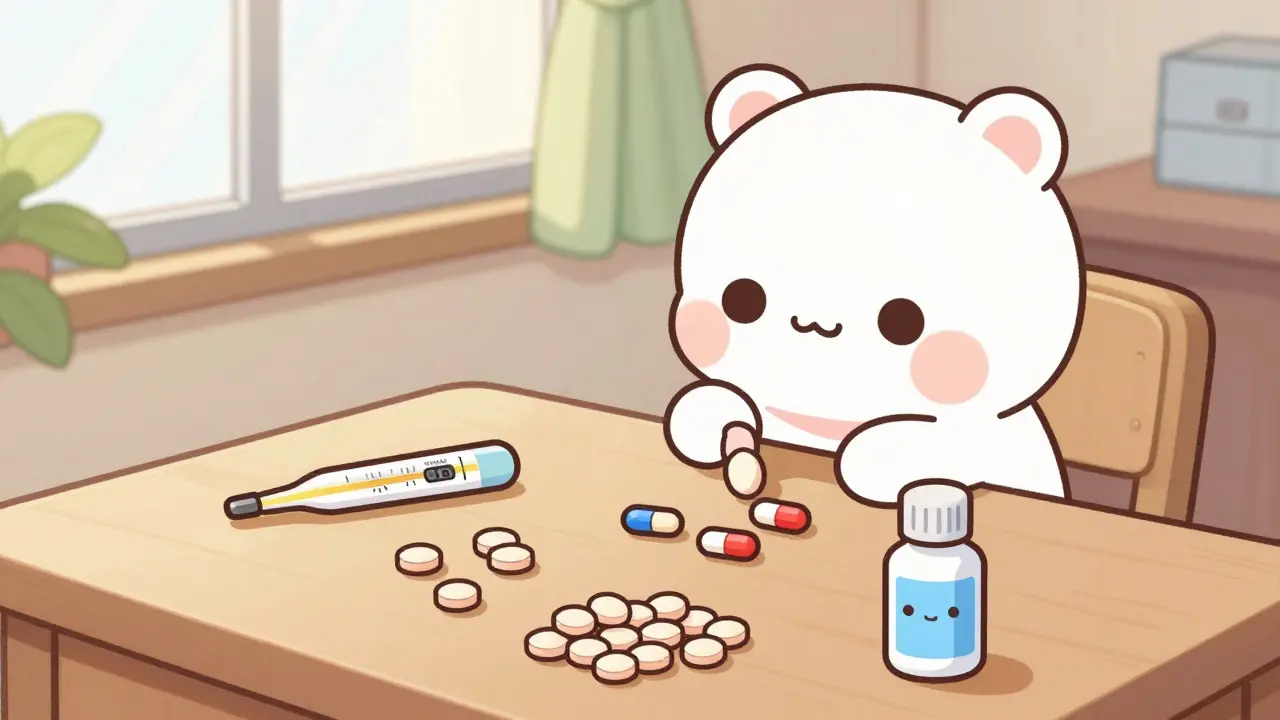 Adorable character storing various pill forms correctly at home.