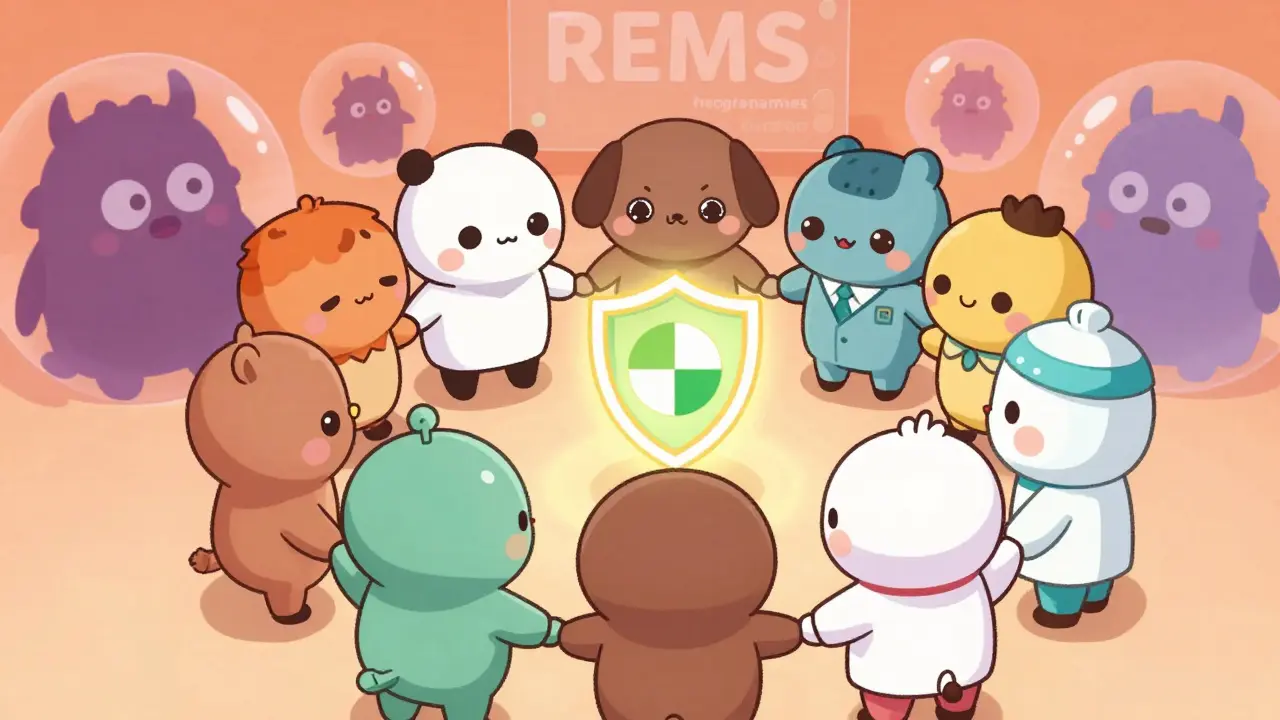 Adorable kawaii characters holding hands around a safety shield, symbolizing drug risk management.