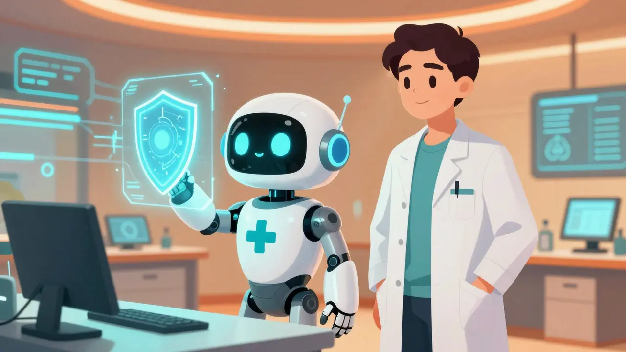 Anime pharmacist and robot assistant collaborating on AI-driven medication safety in a futuristic lab.