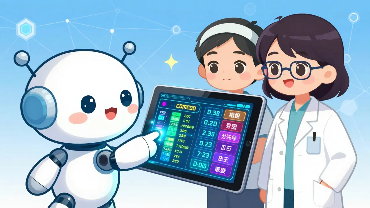 Anime pharmacist and robot assistant viewing futuristic 2D code on tablet