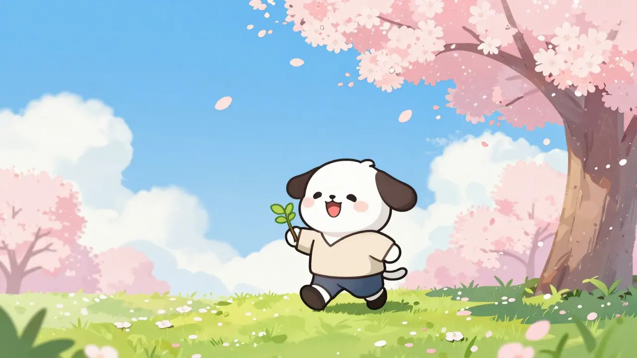Cheerful anime character enjoying sunny spring outdoors after recovering from winter depression.