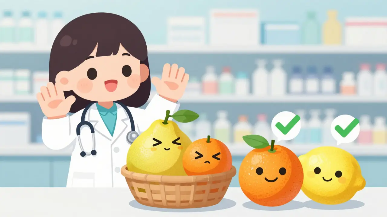 Friendly anime pharmacist warning about dangerous citrus fruits
