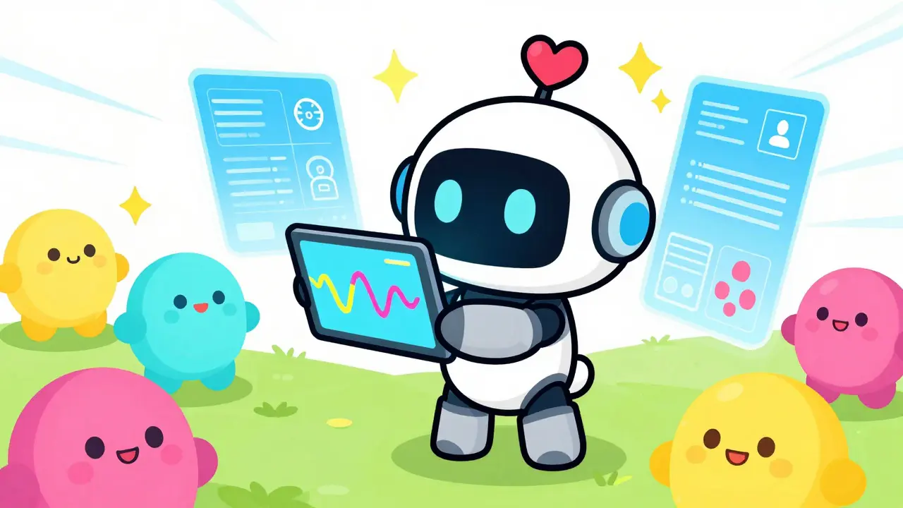 Friendly kawaii robot mascot analyzing safety signals on a tablet with colorful holographic data.