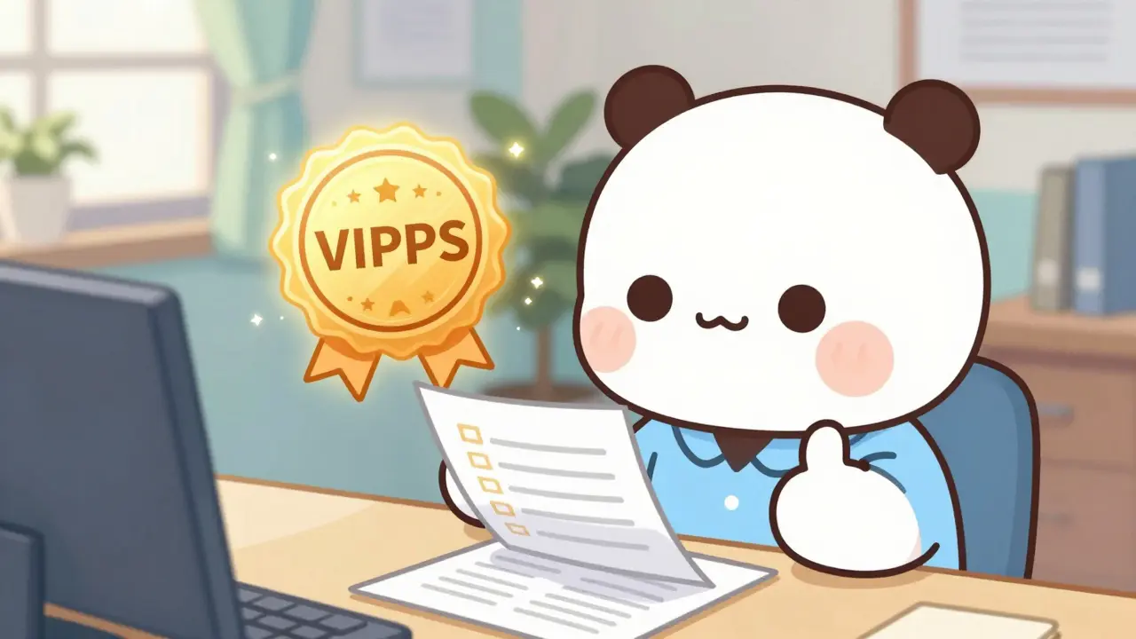 Happy anime character checking a list with a golden safety seal