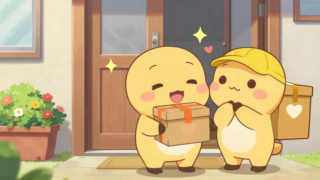 Happy anime character hugging a delivered medication package at their door.