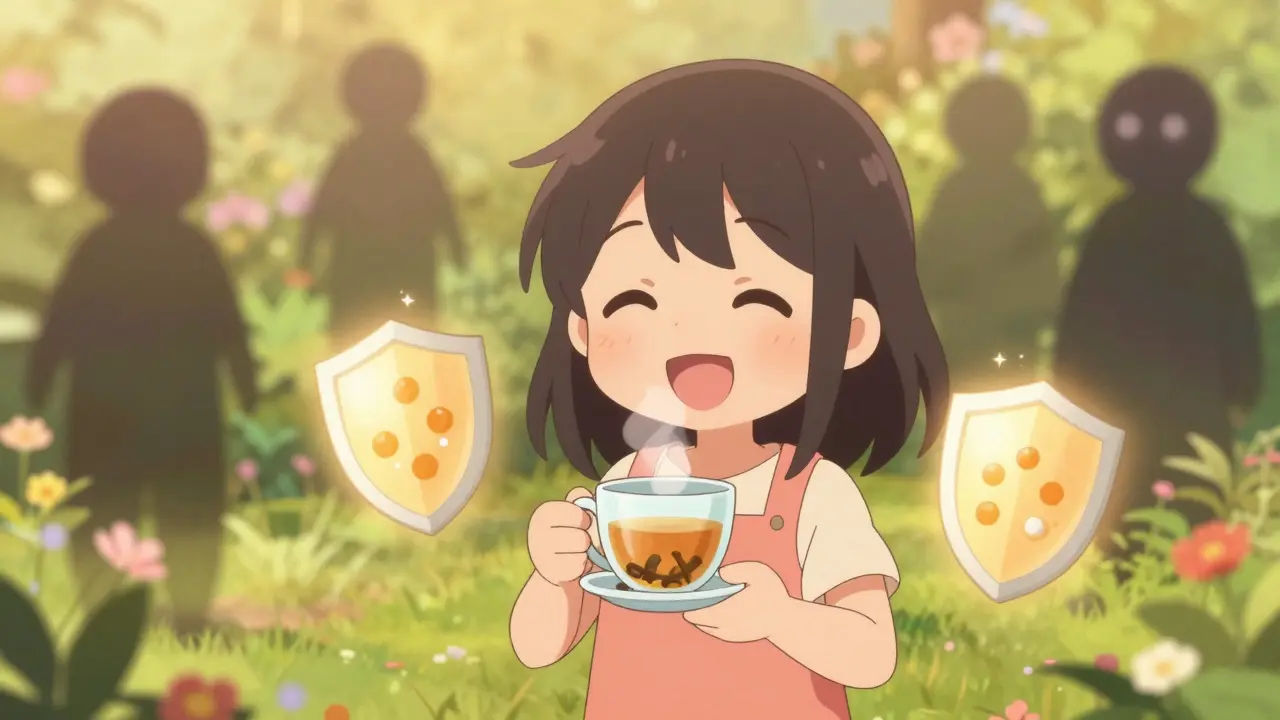 Happy anime girl drinking tea in garden, symbolizing safe recovery without alcohol.