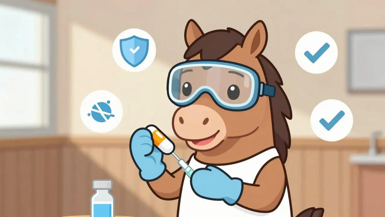 Happy anime horse wearing gloves safely handling medication capsule.