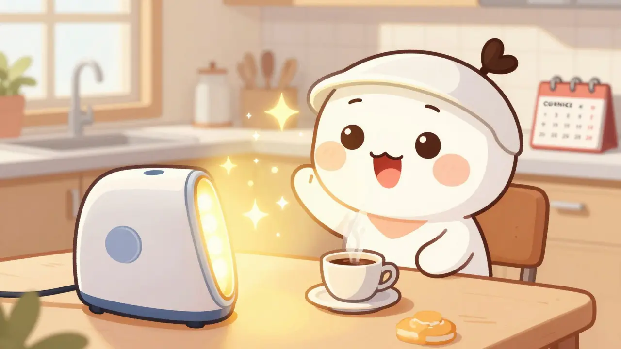Happy kawaii character using a bright light therapy box during morning breakfast routine.